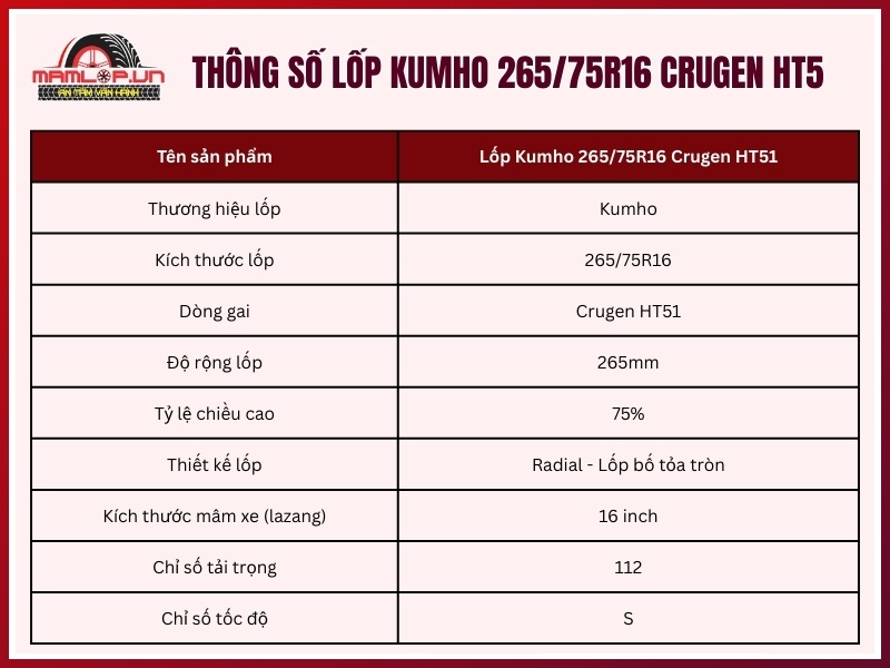 Thông số kỹ vỏ xe Kumho 265/75R16 Crugen HT5