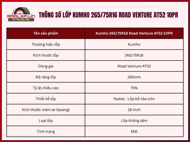 Thông số kỹ thuật vỏ Kumho 265/75R16 Road Venture AT52 10PR