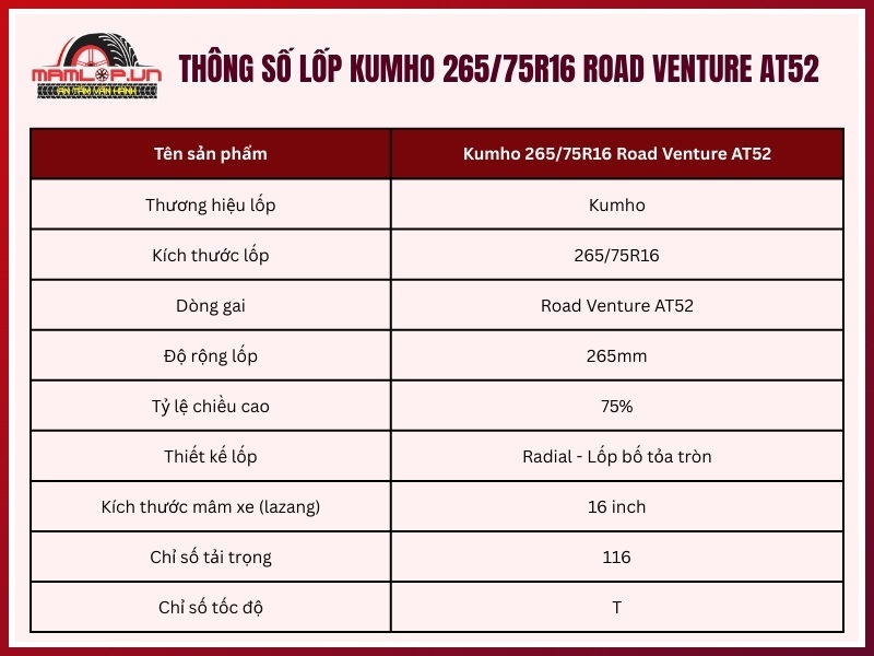 Thông số kỹ thuật vỏ Kumho 265/75R16 Road Venture AT52