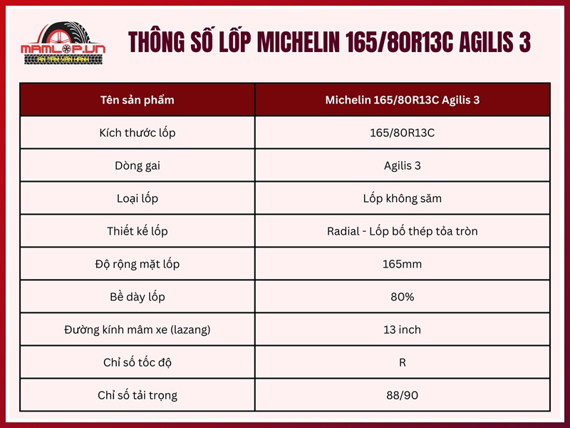 Lốp Michelin 165/80R13C Agilis 3 Thông số kỹ thuật lốp xe ô tô Michelin 165/80R13C Agilis 3