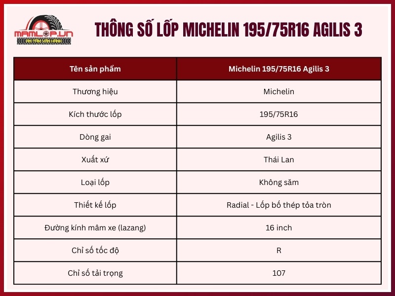 Thông số kỹ thuật lốp xe Michelin 195/75R16 Agilis 3