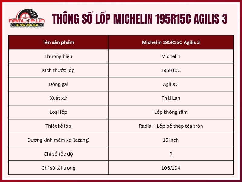 Thông số kỹ thuật vỏ xe Michelin 195R15C Agilis 3