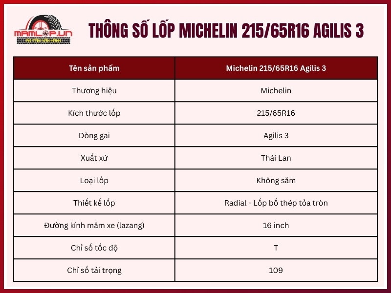 Thông số kỹ thuật vỏ Michelin 215/65R16 Agilis 3
