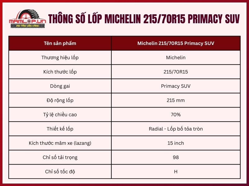 Thông số kỹ thuật của vỏ xe Michelin 215/70R15 Primacy SUV