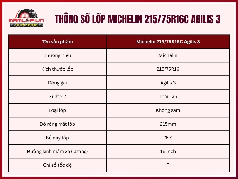 Thông số kỹ thuật vỏ xe Michelin 215/75R16C Agilis 3