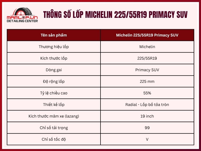 Thông số vỏ xe Michelin 225/55R19 Primacy SUV