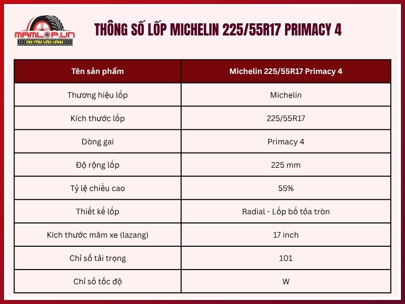 Thông số kỹ thuật lốp xe Michelin 225/55R17 Primacy 4