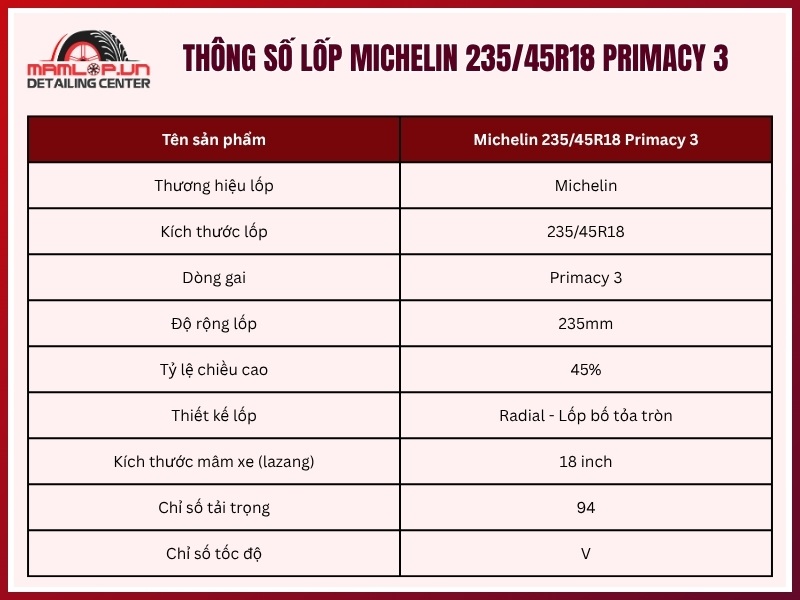 Thông số lốp xe Michelin 235/45R18 Primacy 3