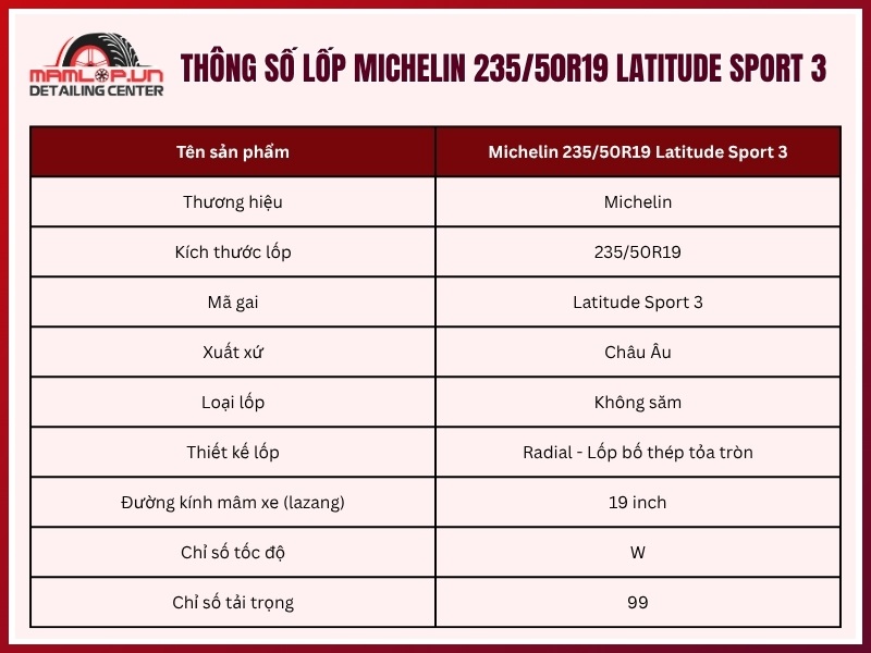 Thông số kỹ thuật vỏ ô tô Michelin 235/50R19 Latitude Sport 3