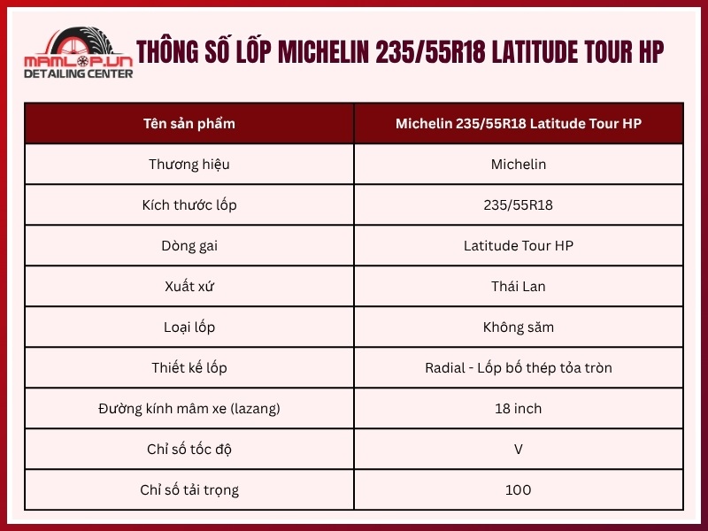 Thông số vỏ xe Michelin 235/55R18 Latitude Tour HP