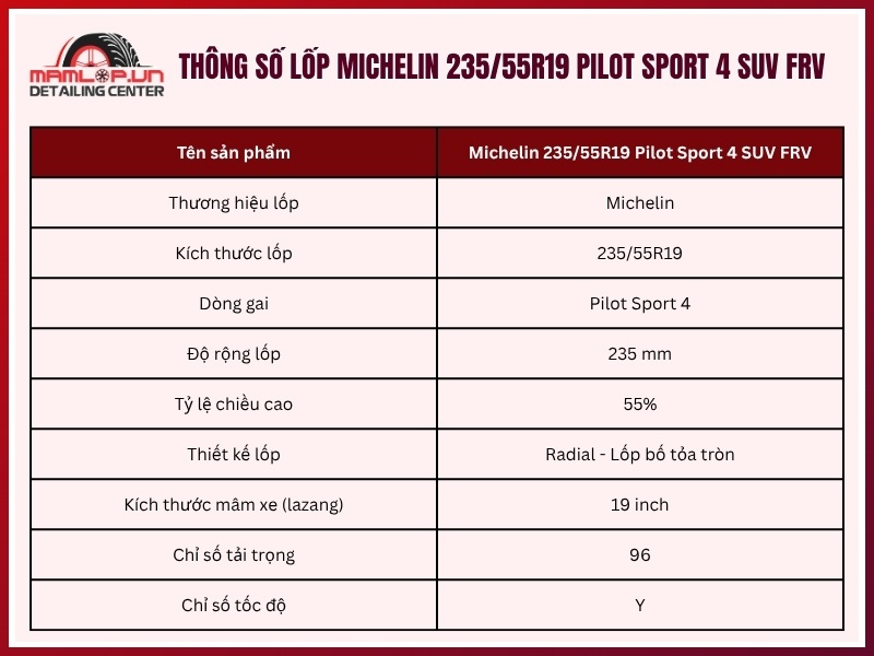Thông số vỏ xe Michelin 235/55R19 Pilot Sport 4 SUV FRV