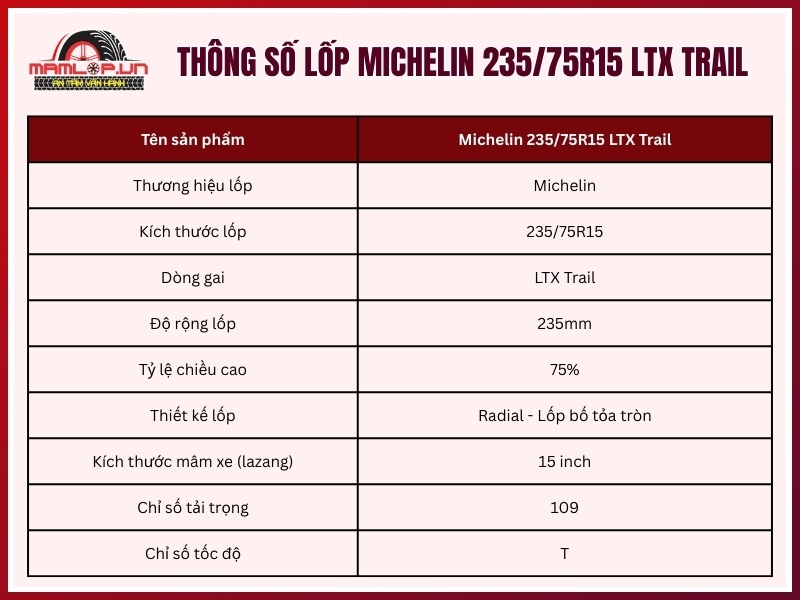 Thông số kỹ thuật của vỏ xe Michelin 235/75R15 LTX Trail