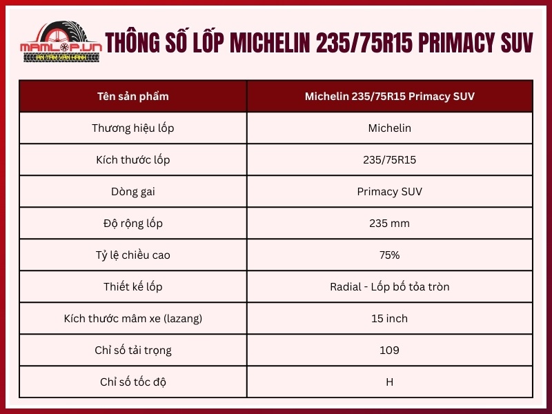 Thông số kỹ thuật của vỏ Michelin 235/75R15 Primacy SUV