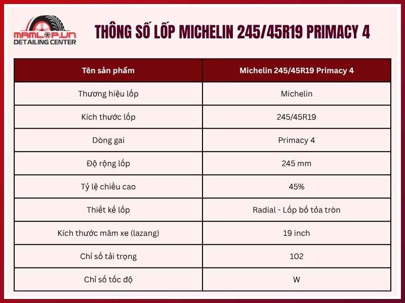 Thông số vỏ xe Michelin 245/45R19 Primacy 4