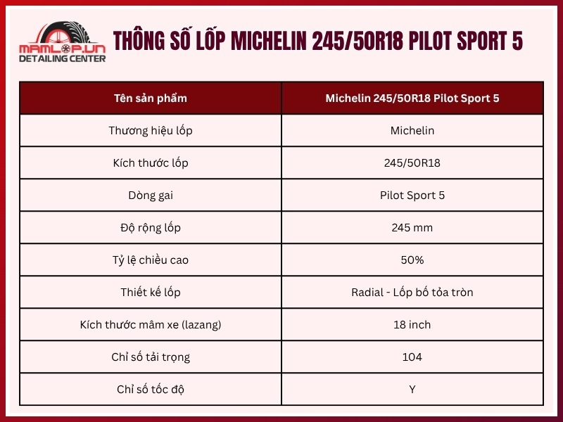 Thông số vỏ xe Michelin 245/50R18 Pilot Sport 5
