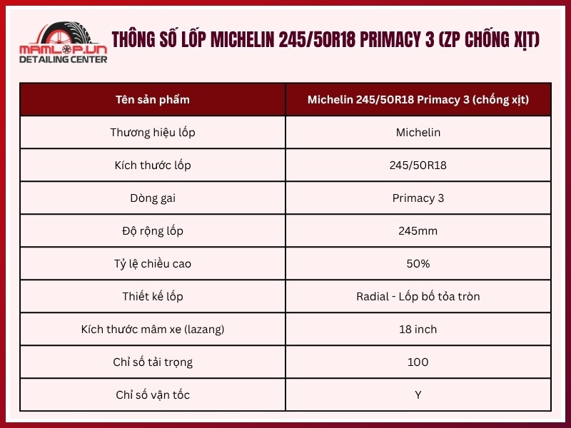 Thông số vỏ xe Michelin 245/50R18 Primacy 3 (ZP chống xịt)