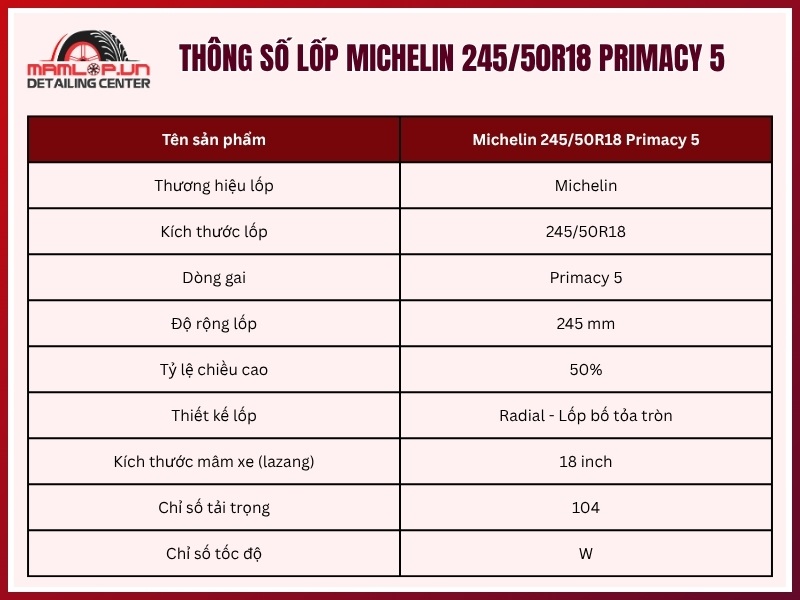 Thông số lốp xe Michelin 245/50R18 Primacy 5