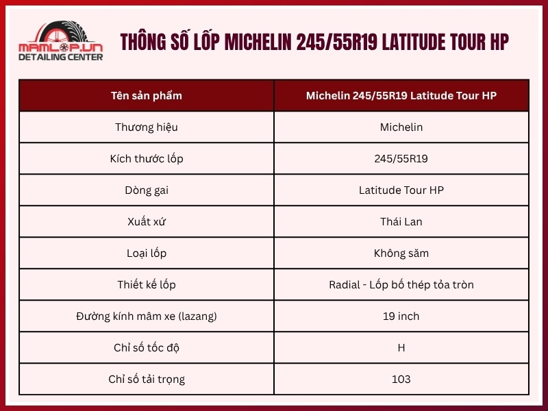 Thông số vỏ xe Michelin 245/55R19 Latitude Tour HP