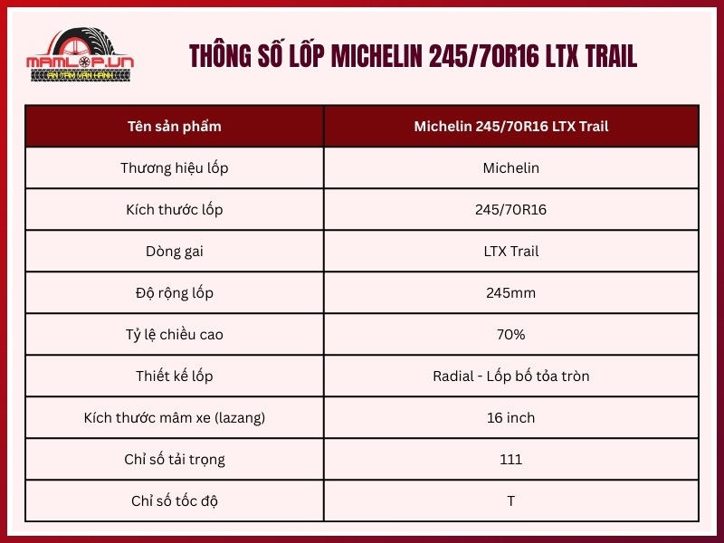 Thông số kỹ thuật lốp xe Michelin 245/70R16 LTX Trail