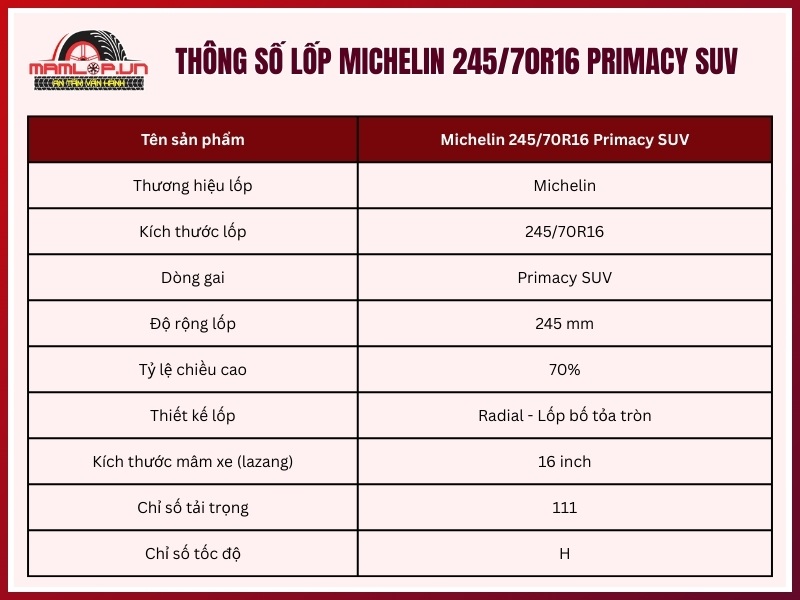 Thông số kỹ thuật vỏ xe Michelin 245/70R16 Primacy SUV