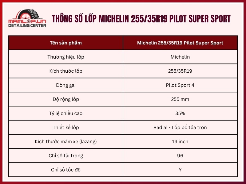 Thông số vỏ xe Michelin 255/35R19 Pilot Super Sport