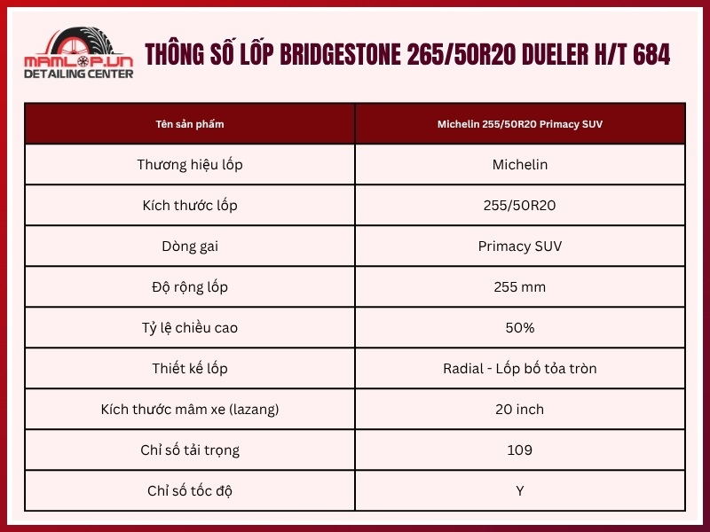 Thông số vỏ xe Michelin 255/50R20 Primacy SUV