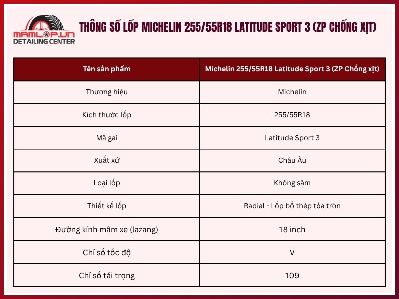 Thông số vỏ Michelin 255/55R18 Latitude Sport 3 (ZP Chống xịt)