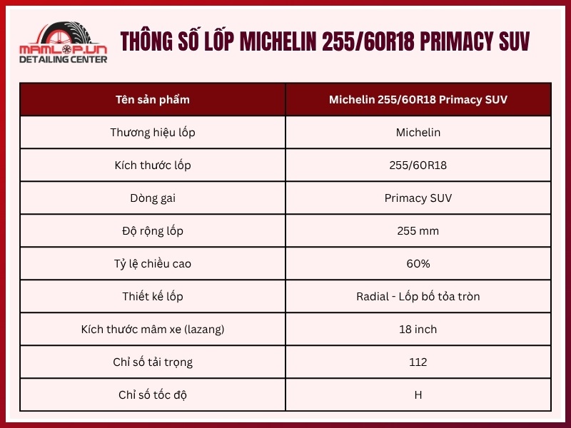 Thông số vỏ xe Michelin 255/60R18 Primacy SUV