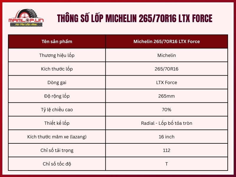 Thông số kỹ thuật lốp xe Michelin 265/70R16 LTX Force