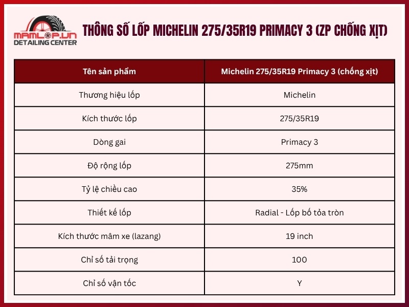 Thông số lốp xe Michelin 275/35R19 Primacy 3 (ZP chống xịt)