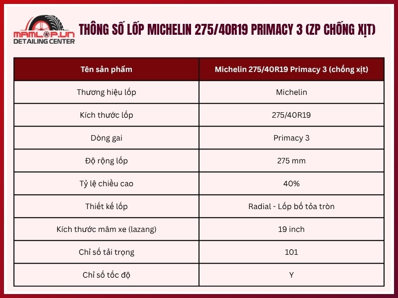Thông số lốp Michelin 275/40R19 Primacy 3 (ZP chống xịt)