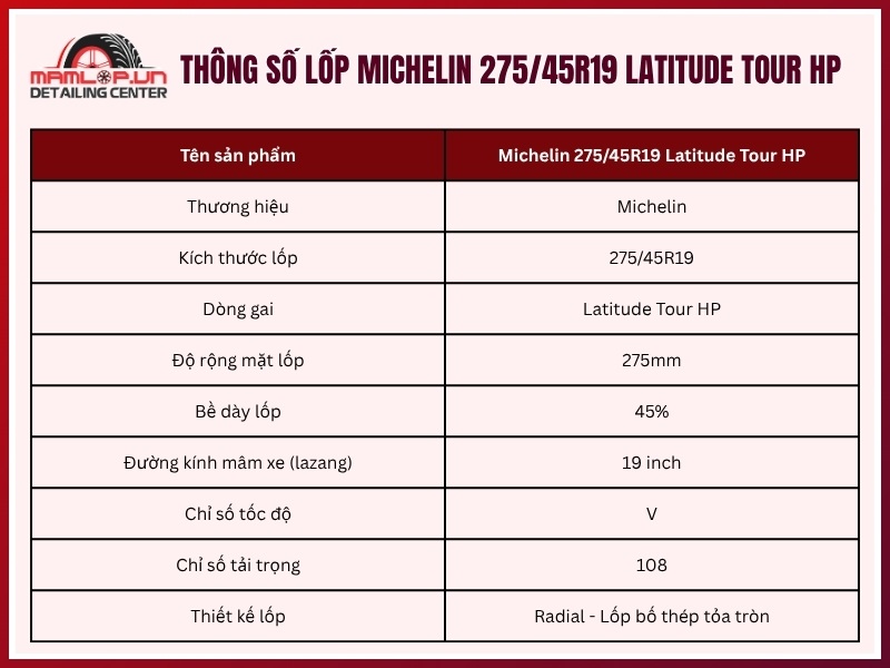 Thông số lốp xe Michelin 275/45R19 Latitude Tour HP
