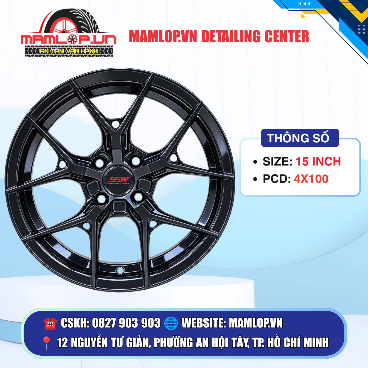 Mâm SSW 15 Inch 4x100 Đen Bóng – Mâm Xe Thể Thao Cho Ô Tô