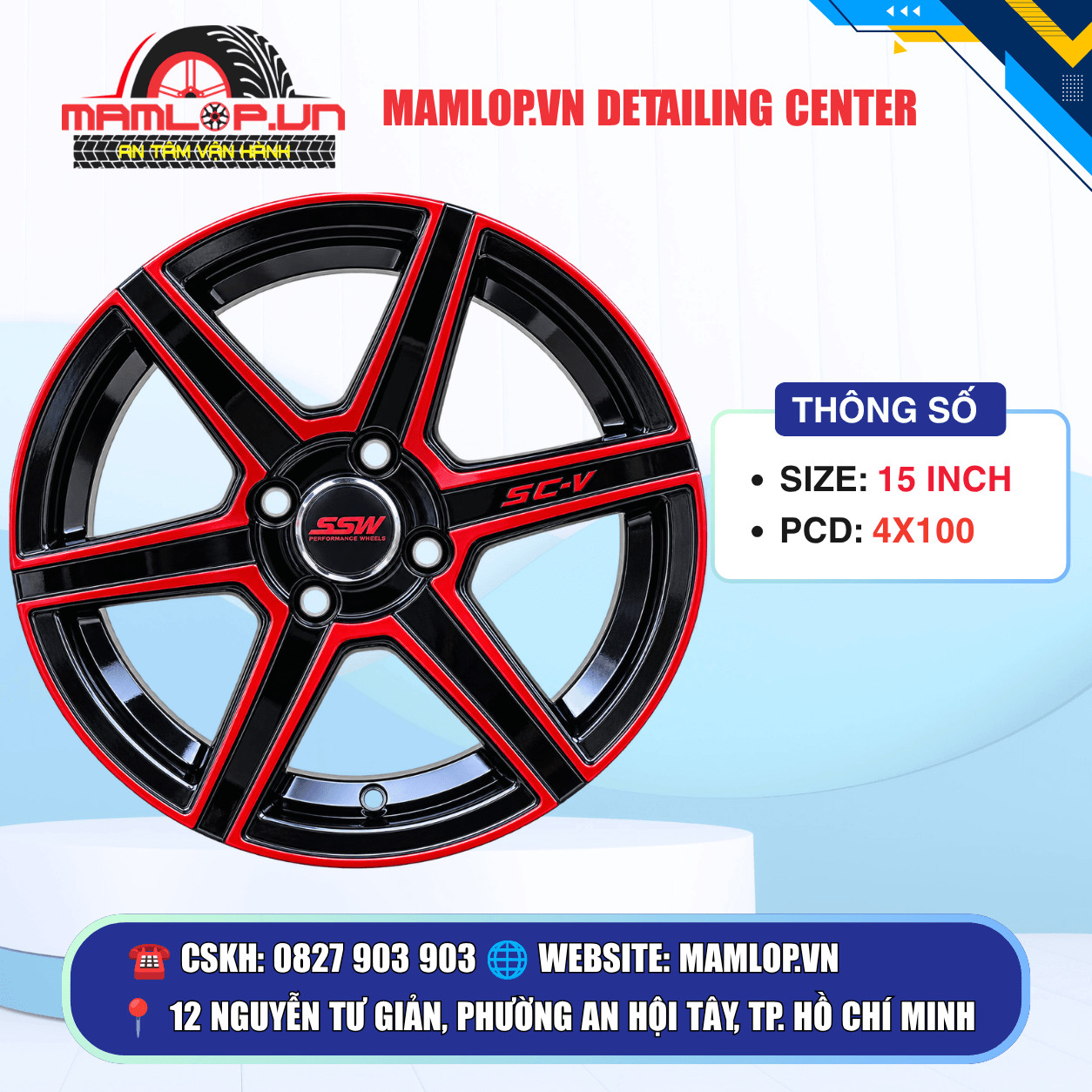 Mâm SSW SC-V 15 Inch 4x100 Đen Đỏ – Phong Cách Thể Thao Nổi Bật