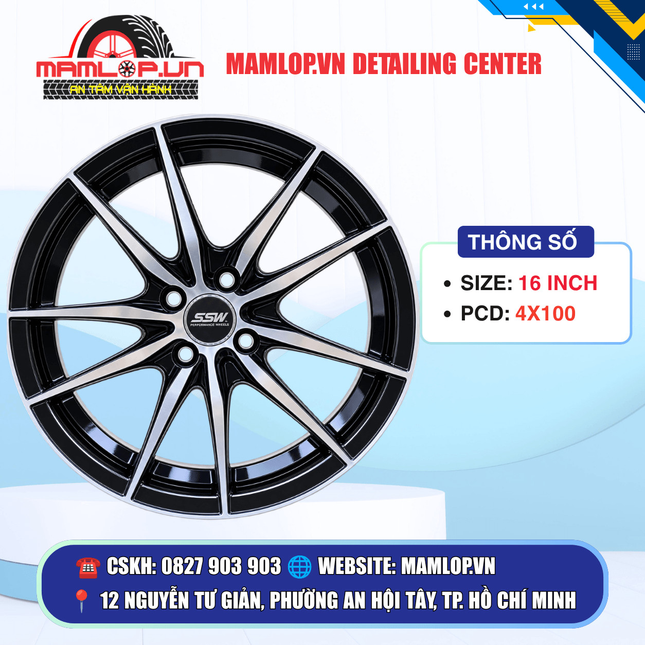 Mâm SSW 16 Inch 4x100 Đen Phay – Thiết Kế Thể Thao, Sang Trọng