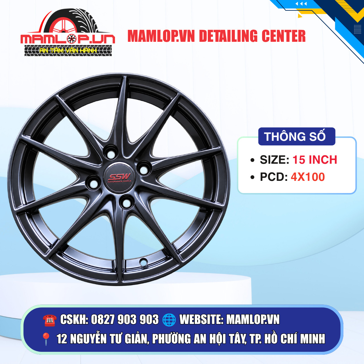 Mâm 15 Inch 4x100 Đen Bóng Thiết Kế Thể Thao