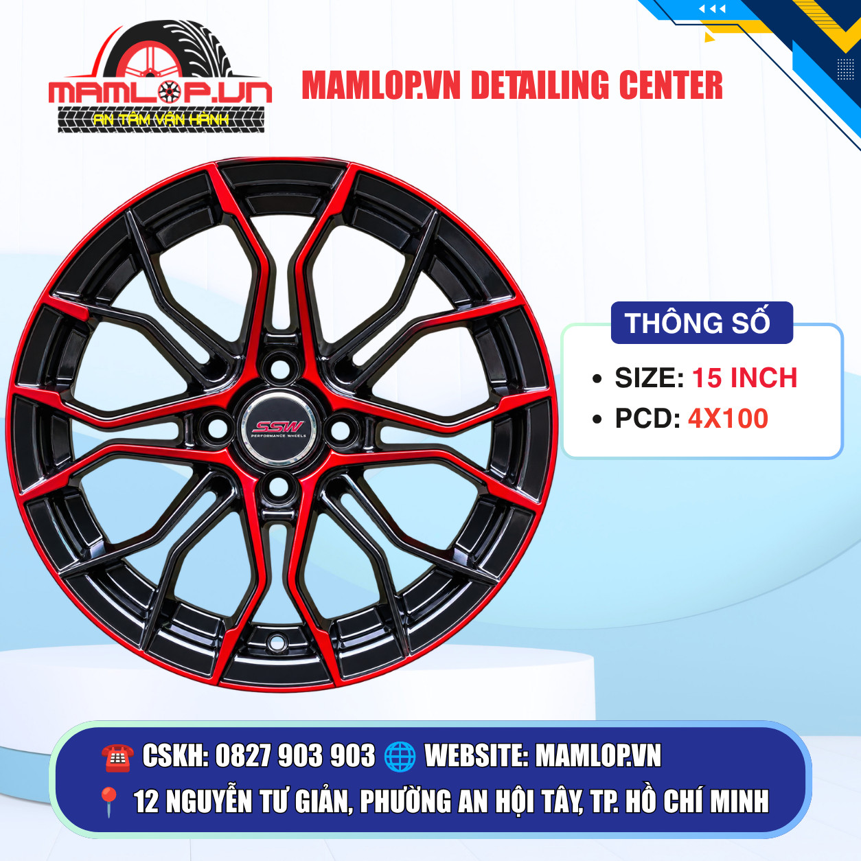 Mâm 15 Inch 4x100 SSW Đen Đỏ Thể Thao – Cá Tính Cho Xe Đô Thị
