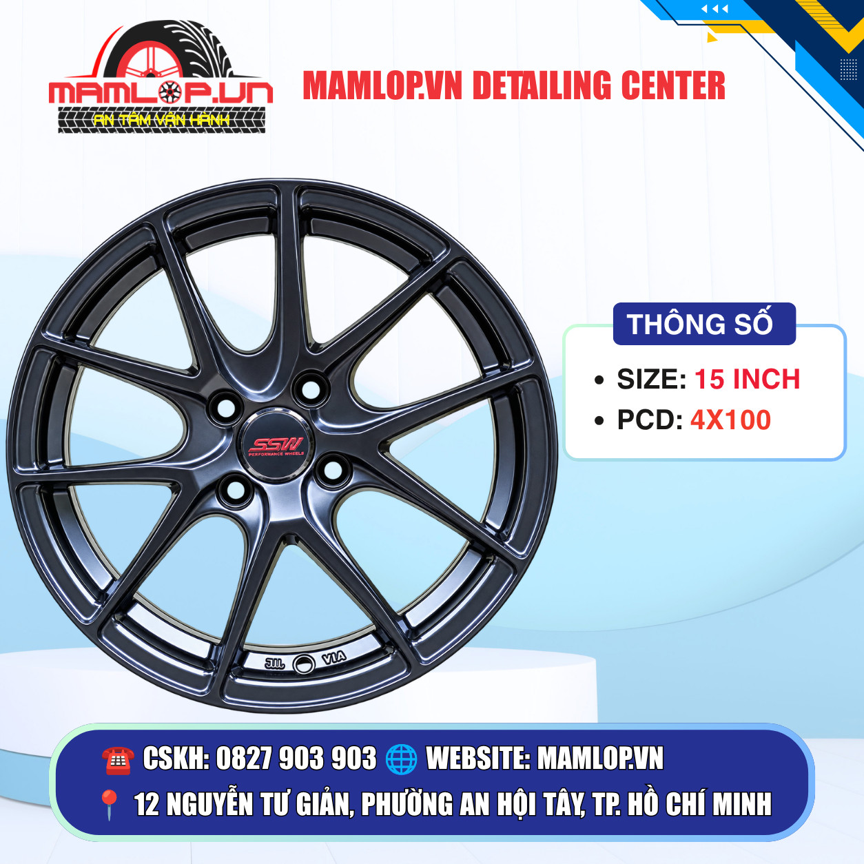 Mâm 15 Inch 4x100 SSW Đen 5 Chấu Thể Thao