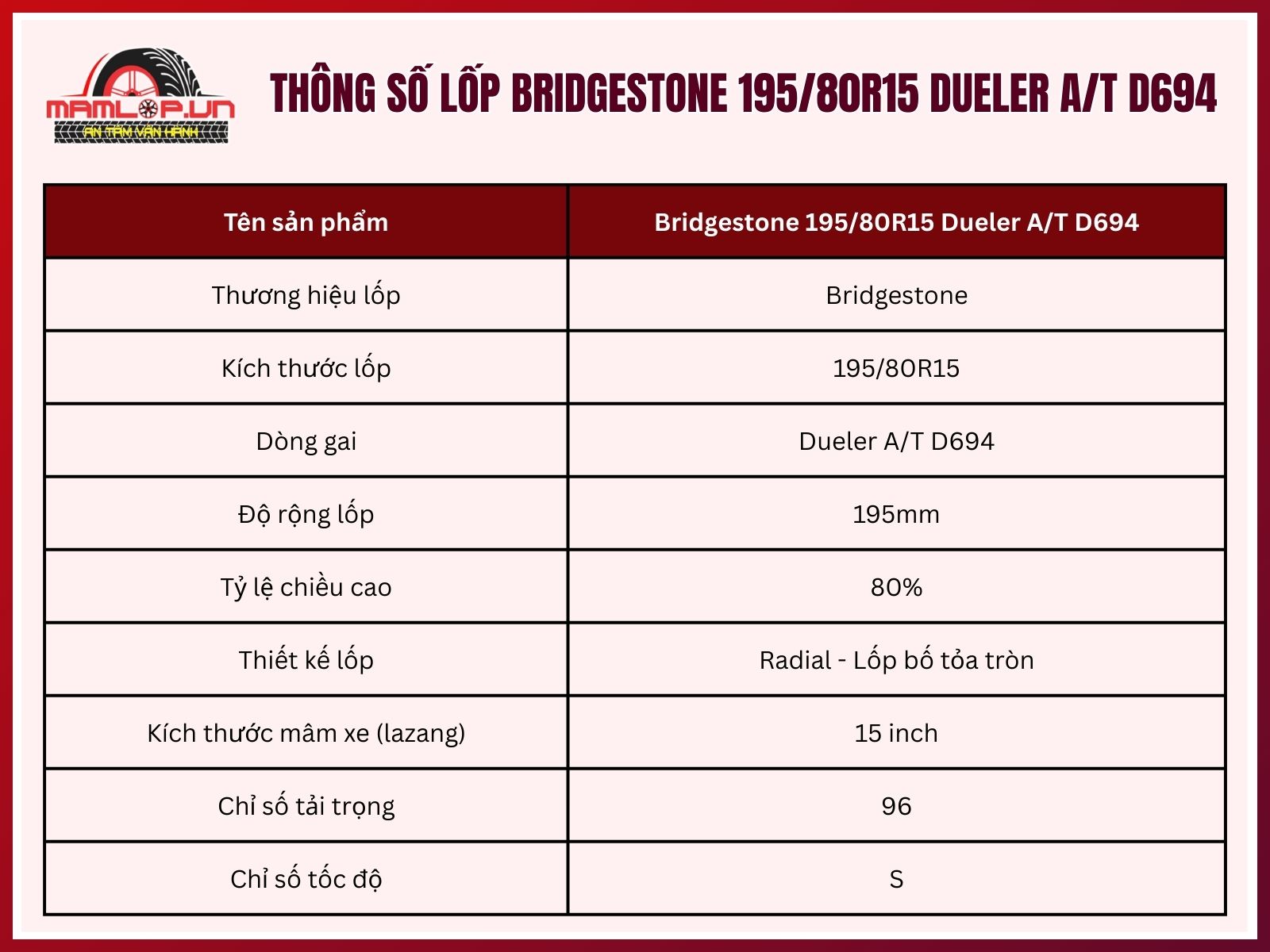 Thông số của lốp xe Bridgestone 195/80R15 Dueler A/T D694