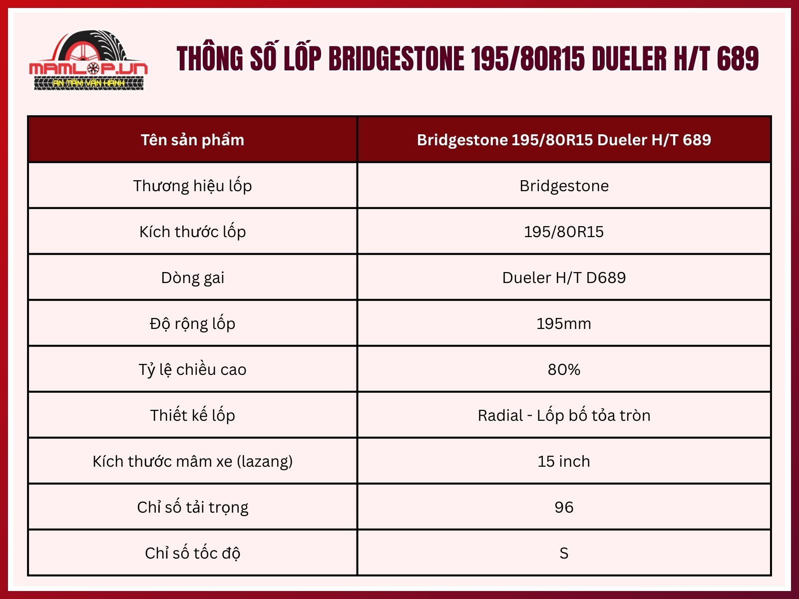 Thông số kỹ thuật lốp xe Bridgestone 195/80R15 Dueler H/T 689