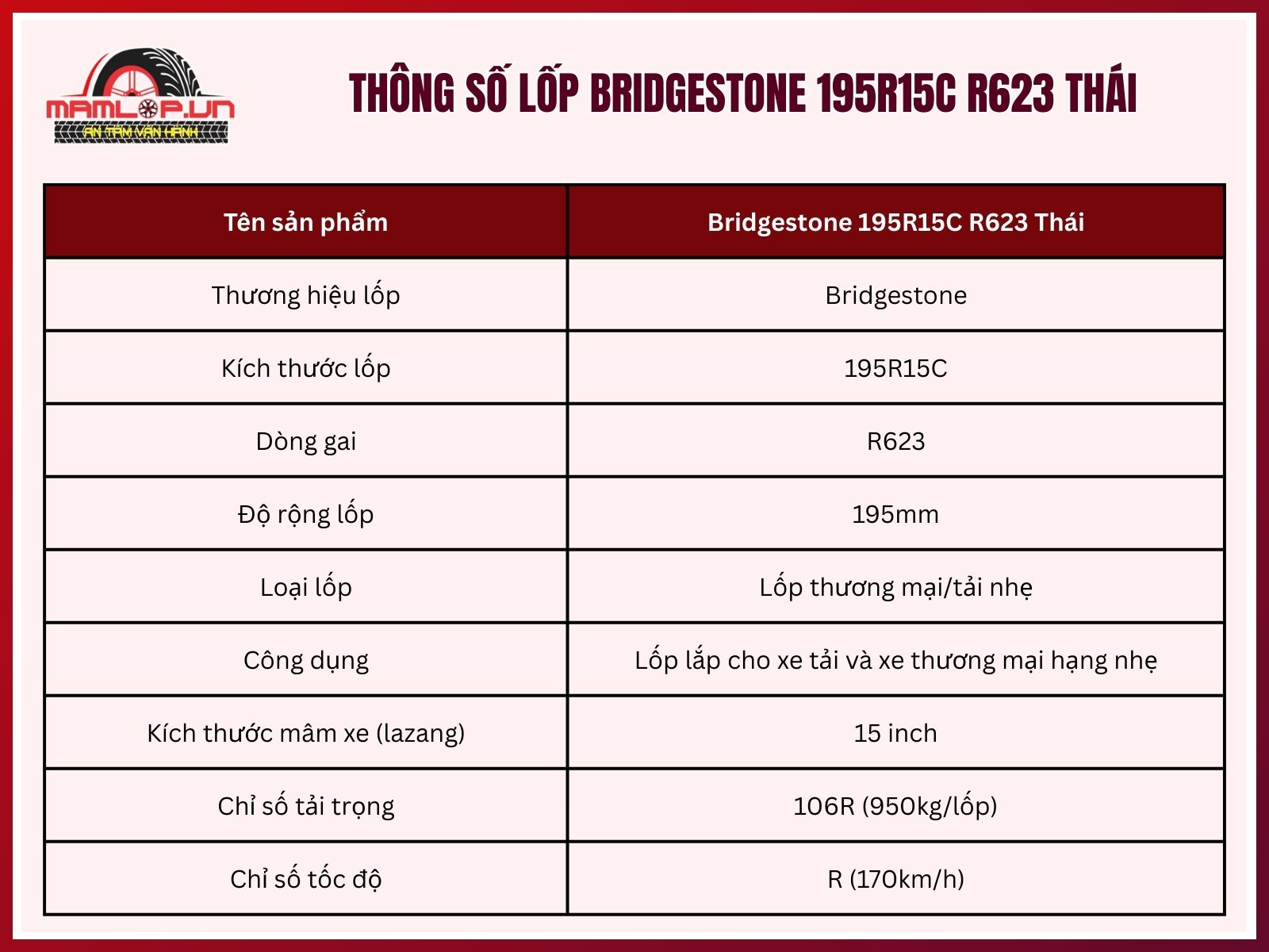 Thông số kỹ thuật của vỏ xe Bridgestone 195R15C R623