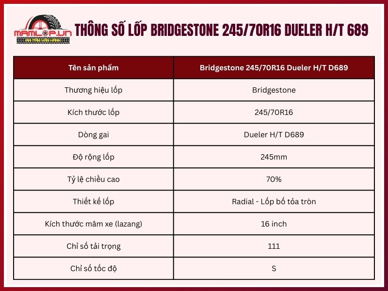 Thông số kỹ thuật lốp ô tô Bridgestone 245/70R16 Dueler H/T 689