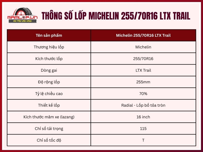 Thông số kỹ thuật lốp xe Michelin 255/70R16 LTX Trail