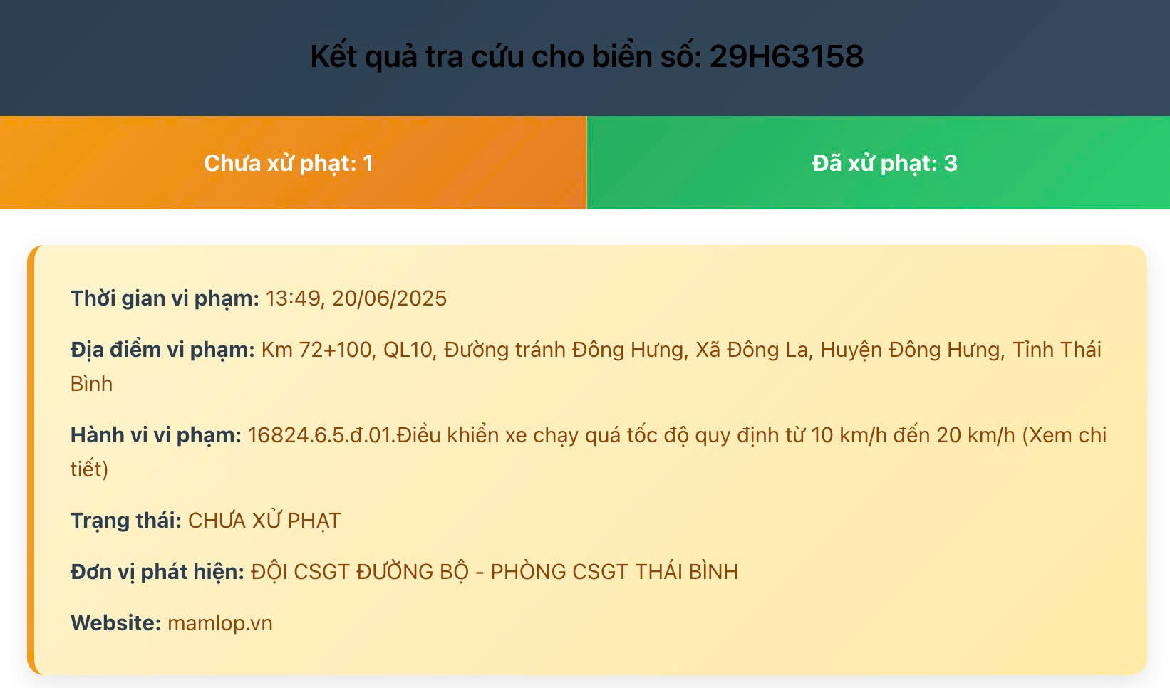 Danh sach xe vi phạm tỉnh thái bình tháng 6 2025